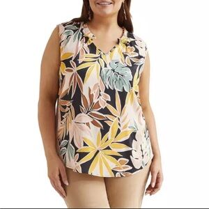 Tribal Ruffle Neck Sleeveless Top Apricot Tropical Floral Plus Size 2X